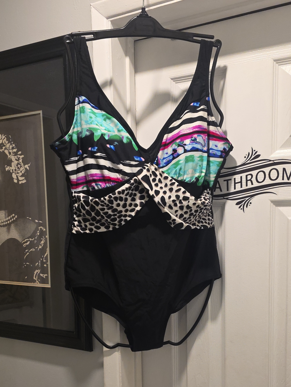 Black One-Piece Swimsuit with Multicolor Stripe & Animal Print